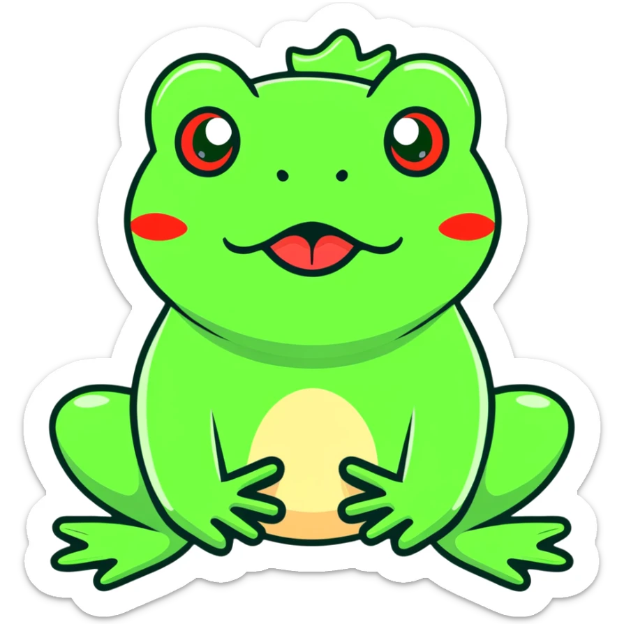 Exaggerated cartoony green frog with big bulging cross-eyes and long tongue sticking out, comic-style with silly expression sticker