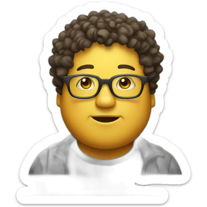 A fat man wearing glasses, with a square face, naturally curly hair and yellow skin sticker