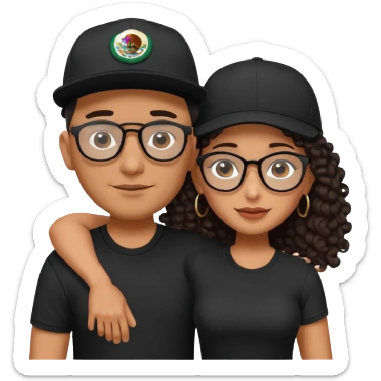 A picture of an embracing tanned couple. the man is a Mexican man with tanned skin, with a bald hair cut wearing a SnapBack hat and a black shirt. the woman wearing black glasses, with long curly dark brown hair and with big boobs.  sticker