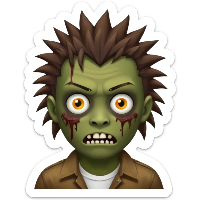 Um garoto zombie de cabelo castanho escuro, com o cabelo chegando no pescoço, punk, com olhos castanhos esverdeados, de camisa branca sticker