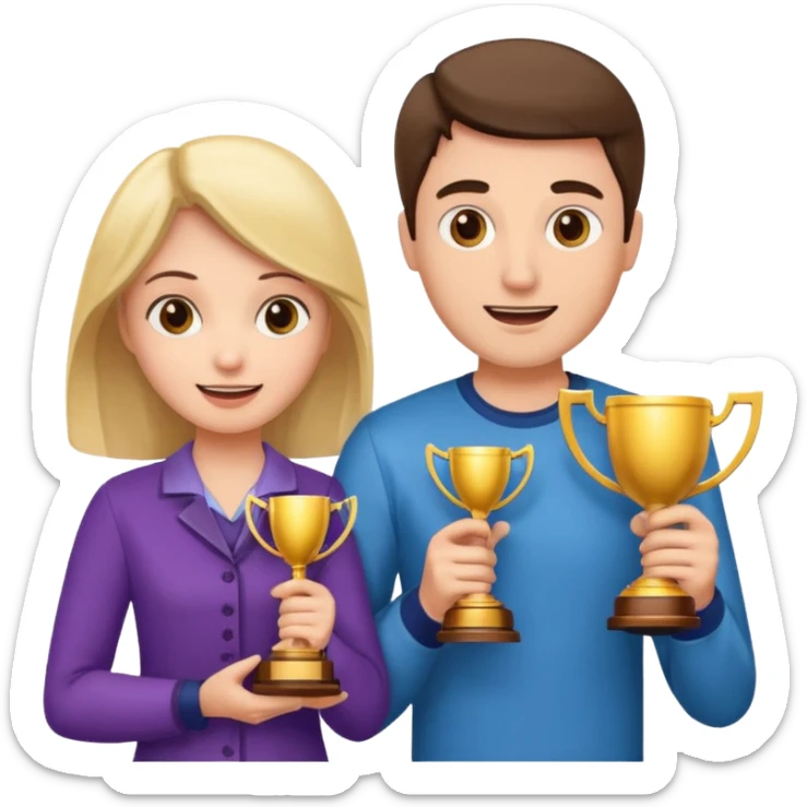 Create an emoji that reflects man & woman that is happy, and that asks a lot of questions and have trophy all around him & her sticker