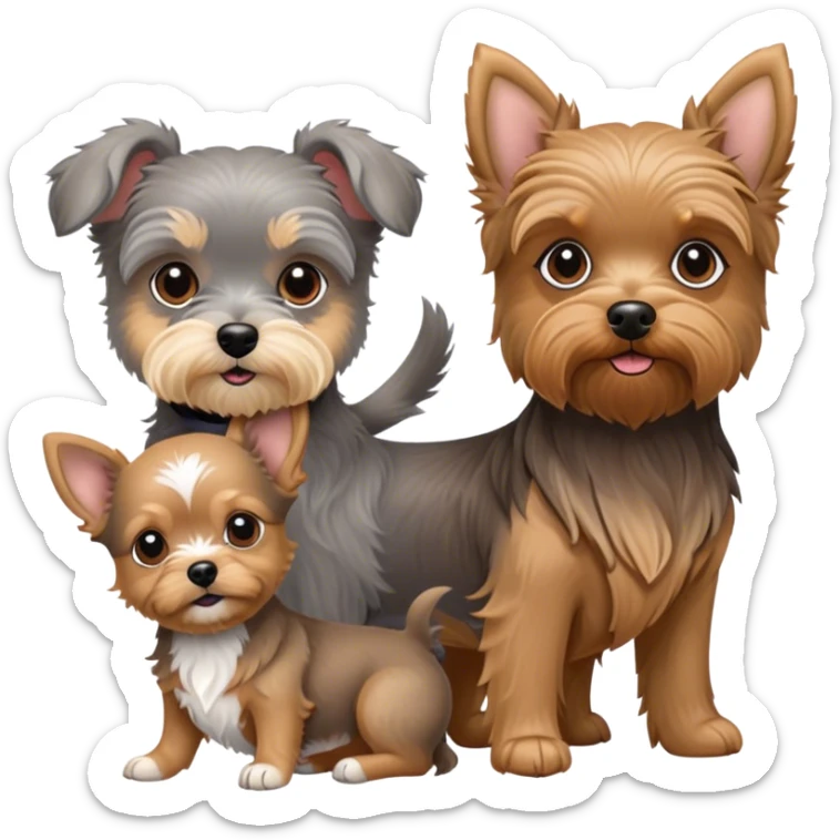 Golden doodle next to a grey miniature schnauzer next to a yorkie chihuahua mix sticker
