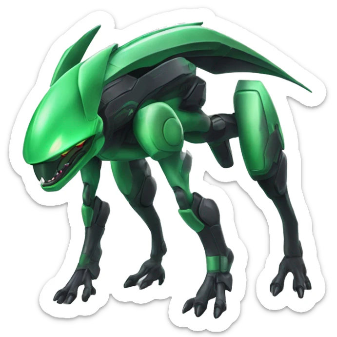 a black-green Genesect-Raptor-Fakémon—hybrid with a futuristic visor-helmet full body sticker