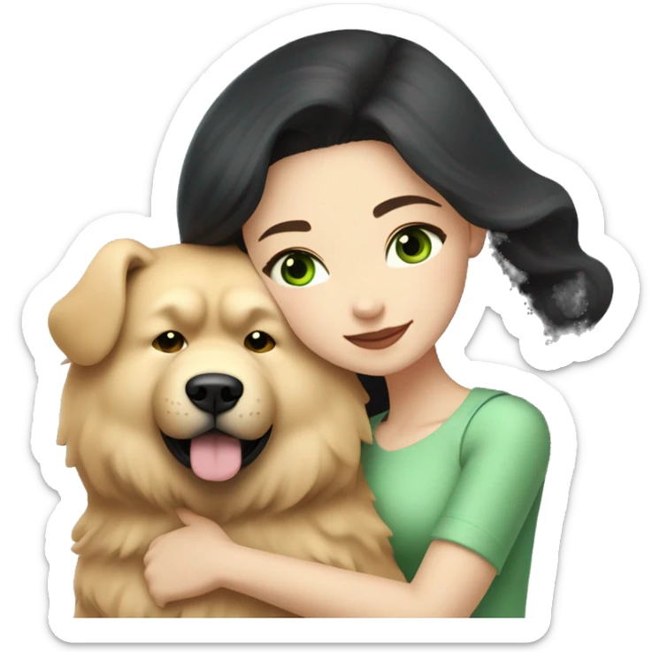 pretty woman with pale skin, very long black hair and green eyes and light pink outfit hugging a beige fluffy chow chow dog sticker
