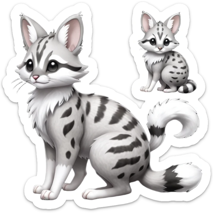 stormcell charcoal fur crackling with silver frost-veins and ghost-dust sheen Hyper-realistic beautiful elegant pretty precious cute  Fakémon-Pokémon-opossum-feline-serval-caracal-chinchilla-Furret-Minccino-hybrid-creature with a big fluffy bushy tail (full body) sticker