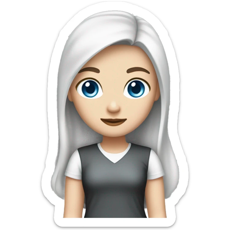 A girl with fair skin, blue eyes, long black hair and a white T-shirt with a cutout sticker