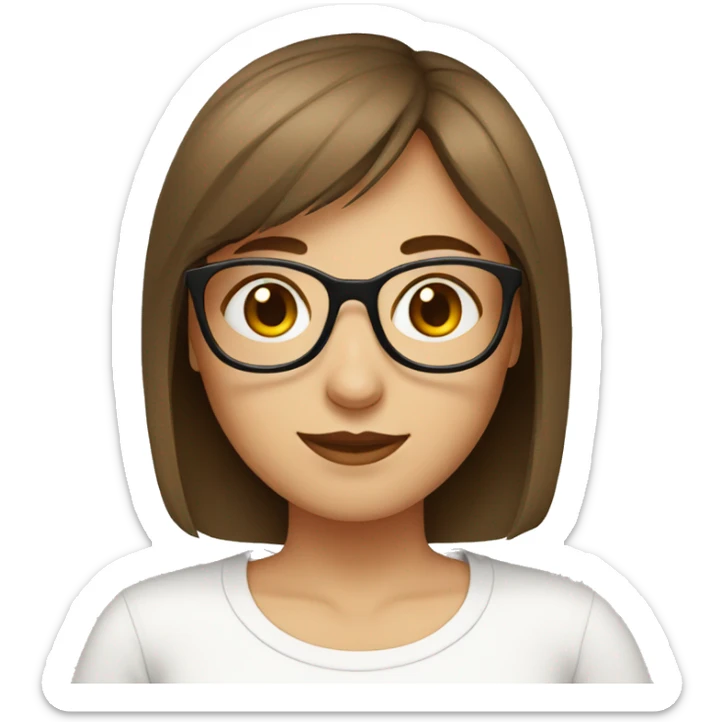 short brown haired girl with flat bangs wearing glasses and wearing a white t-shirt sticker