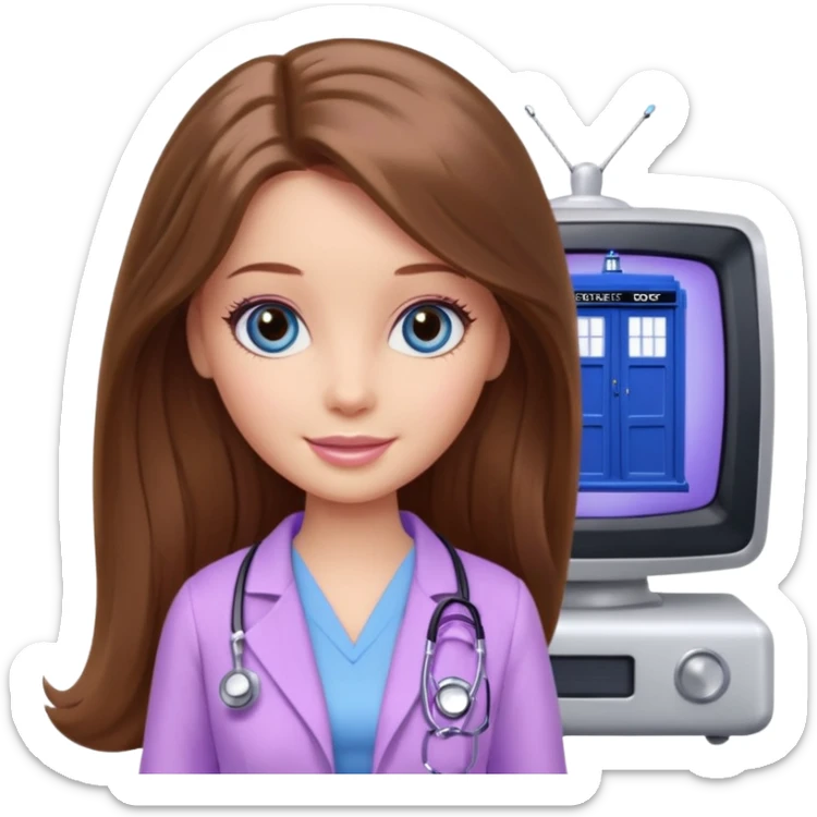 beautiful barbie girl with long brown hair, blue eyes and wearing light purple clothes watching tv show doctor who sticker