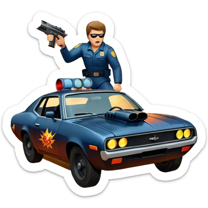 Icon for Action Movies: A photorealistic, vibrant collage in the style of a movie poster, featuring intense action scenes—explosions, high-speed chases, and dramatic close-ups of characters in combat. The design should capture the adrenaline-pumping energy of action films. Transparent background. sticker
