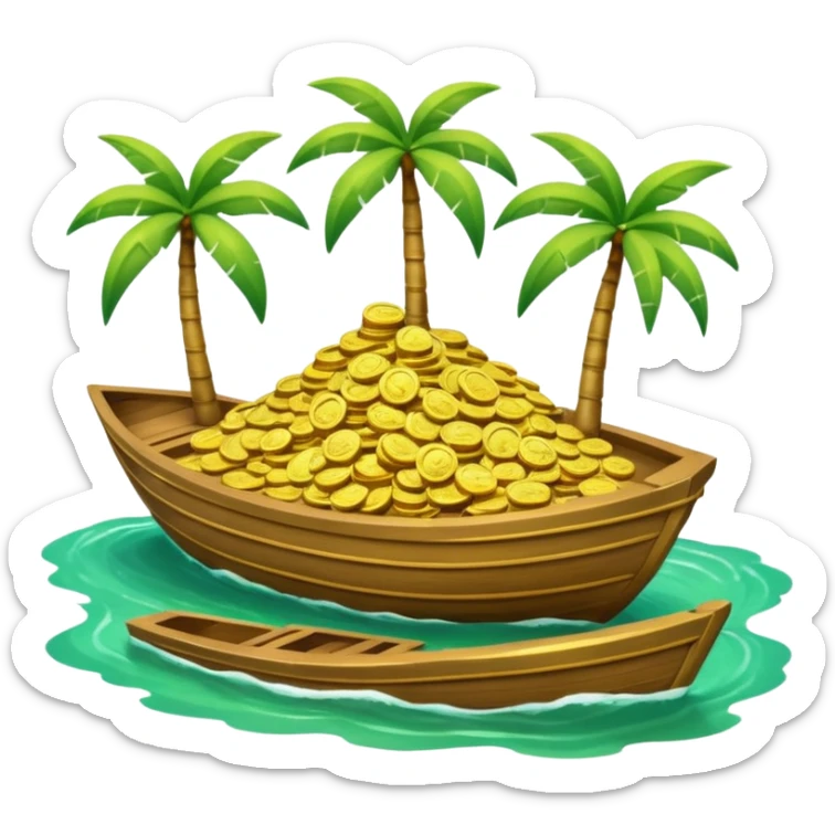 emoji of gold coins on the boat in the sea and an island on the background sticker