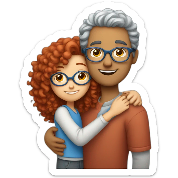 a girl with red curly hair and blue glasses hugging a boy with gray hair sticker