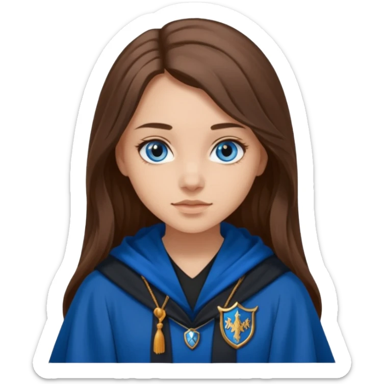 gorgeous Girl with light skin, blue eyes, long brown hair, wears ravenclaw black and blue robes  sticker