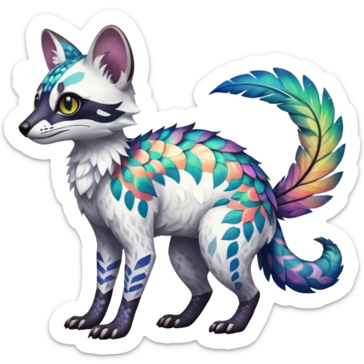 Rare iridescent white exotic epic aesthetic colorful Trico-Genet-species-Fakemon-hybrid-creature, with intricate tattoo markings, full body sticker