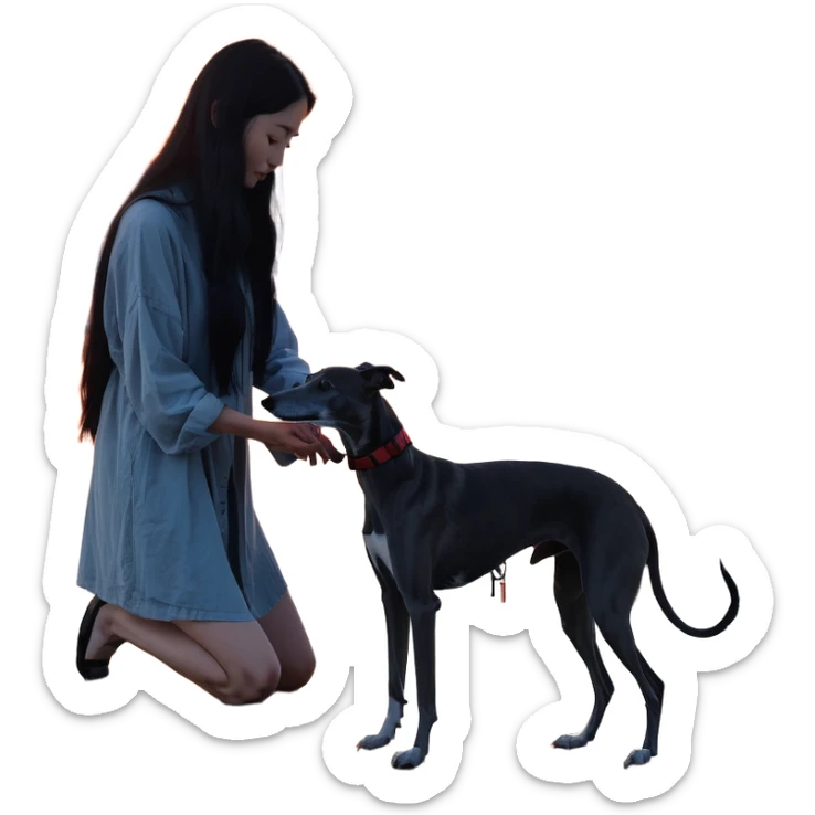 A very beautiful and attractive 25-year-old Japanese woman with long flowing black hair gently petting a SOLID DARK GREY whippet on a beach during a beautiful sunset. The woman's hand is lovingly stroking the whippet. The whippet MUST be COMPLETELY SOLID DARK GREY with ABSOLUTELY NO WHITE MARKINGS ANYWHERE - no white chest, no white face, no white paws, no white tip on tail - ENTIRELY ONE SOLID DARK GREY COLOR throughout the entire dog. Orange and red sunset sky over the ocean, sandy beach in the foreground. sticker