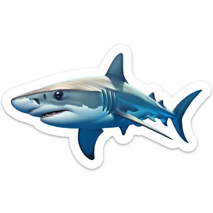 Cinematic Noble Hammerhead Shark Portrait Emoji, Poised and regal, with a broad, flattened hammer-shaped head, wide-set eyes, and a streamlined, powerful body gliding through deep blue waters, Simplified yet sharp and sophisticated features, highly detailed, glowing with a cool, oceanic luminescence, high shine, intelligent and commanding, stylized with an air of marine authority, focused and vigilant, soft glowing outline, capturing the essence of a watchful and confident predator that appears ready to glide out of the screen with effortless power! sticker