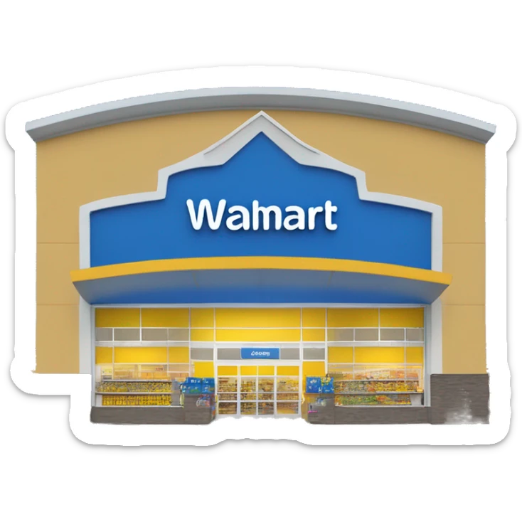 “Exterior of a Walmart store with the sunburst logo above the entrance, blue facade with yellow accents, large sliding glass doors, and shopping carts lined up outside, capturing the look of a busy retail supercenter.” sticker