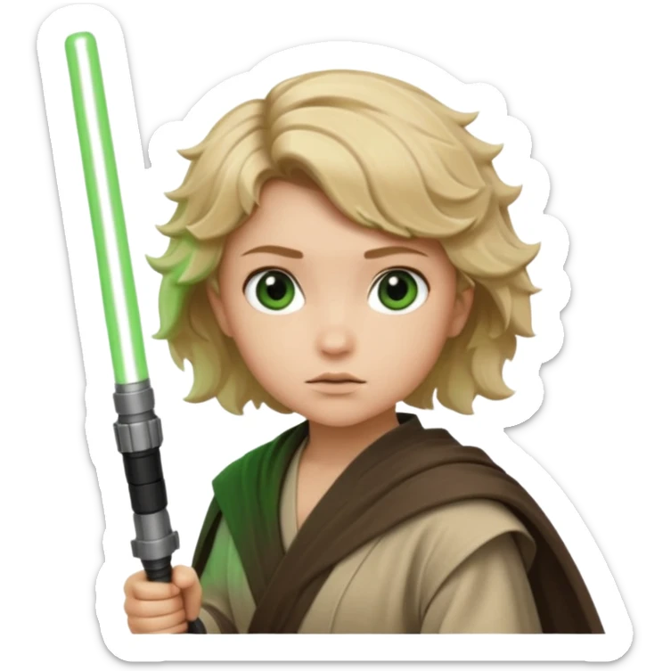 Young jedi with sandy blonde wavy short hair holding a green lightsaber sticker