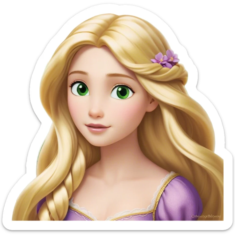 Cinematic Realistic Rapunzel Portrait, with porcelain-like skin featuring a subtle, natural glow, illuminated by soft lighting that brings out the gentle contours of her face. Her long, golden blonde hair cascades in detailed waves, each strand highlighted with a radiant shimmer as it catches the light. Her bright, expressive green eyes exude curiosity and warmth, framed by delicate lashes and soft, arched brows. Her expression is playful and vibrant, with a gentle smile. She is dressed in her classic lavender and pink gown, the fabric textured with delicate folds that flow naturally, catching the light with a soft, radiant glow. The portrait captures a luminous, enchanting aura, seamlessly blending realism with a whimsical, fairytale charm, evoking a timeless sense of beauty and magic. sticker