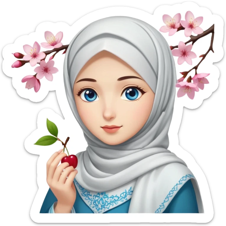 Turkish beautiful finish Konya girl blue eyes with hijab islamic dress and had on her hand cherry blossom sticker
