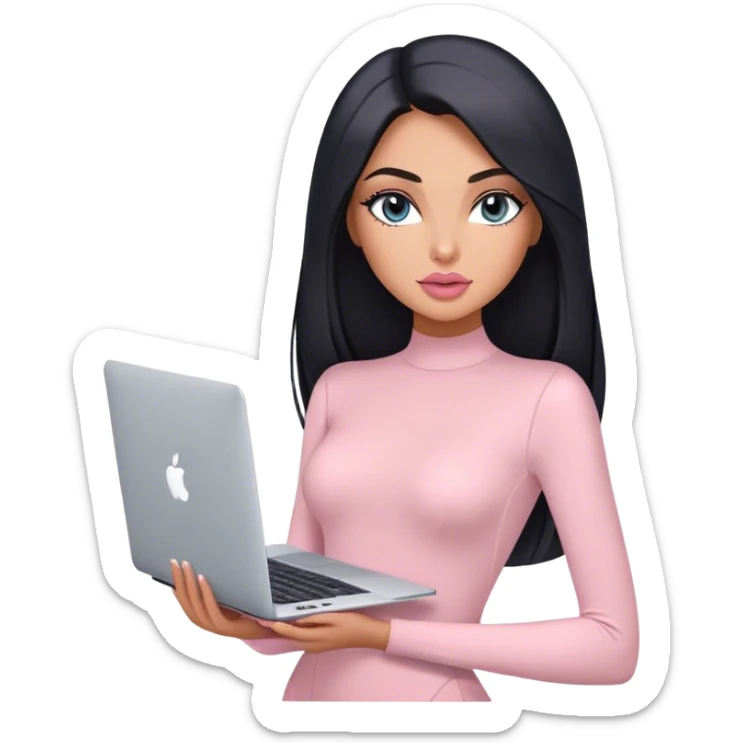Glamours, tanned, very beautiful girl, with big pump peach-beige-rose lips, black straight smooth silky long hair, straight parting, blue-grey eyes, in light-pink bodysuit holding MacBook sticker