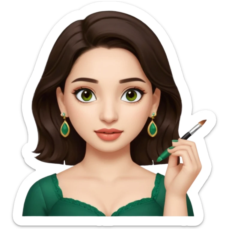 pretty bratz genmoji that looks like tamannah bhatia (bollywood actress), wearing a dark green sweetheart neckline top, dark brown hair, light makeup, no necklace, dangly earrings, side hair part, fair. dark brown eyes


Show her applying something on her face with a finger sticker