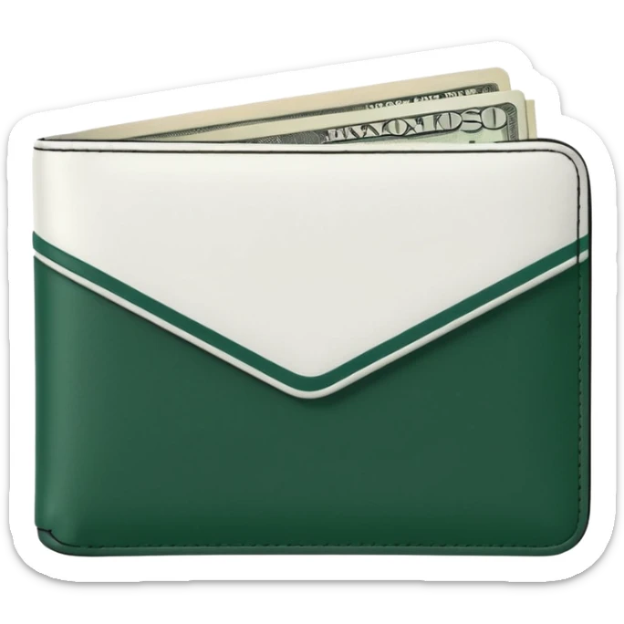 white men's wallet with dark green stripe, white banknotes with dark green details visible, modern minimalism sticker