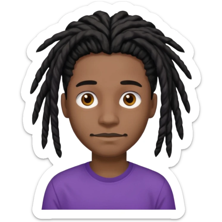 black teen with black dreads in a middle part with brown eyes and a small mustache and purple shirt sticker