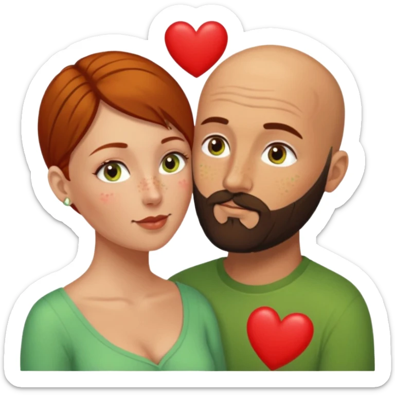 Couple. Bald man with dark brown-black beard. Woman with freckles, white skin and she has auburn-yellow-brown-hair. She has light yellow-green-brown eyes. He have hazel eyes. They look at each other. Many small red hearts around them. sticker