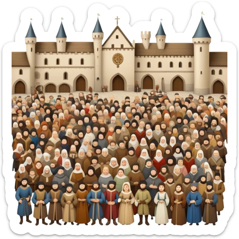 Large crowd of medieval people gathered in town square, mixture of wealthy merchants in fine clothes and commoners in simple attire sticker
