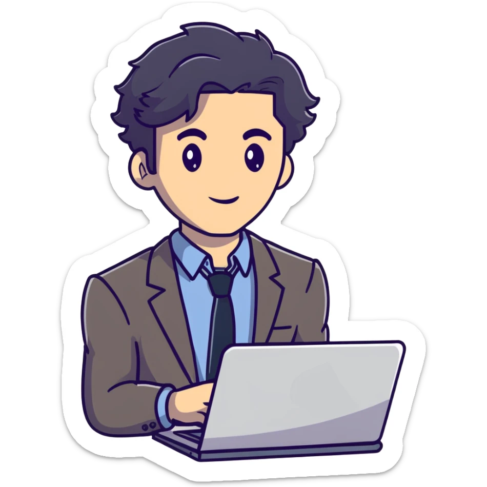 Business strategist man with black wavy hair, stubble, chiseled face, wearing blazer and button-up shirt, holding laptop, confident expression sticker