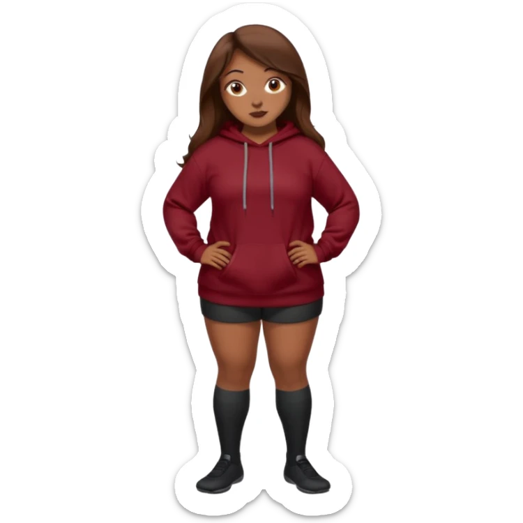 Curvy pretty brown girl with long brown hair, wearing a dark deep red sweatshirt with tall black socks sticker