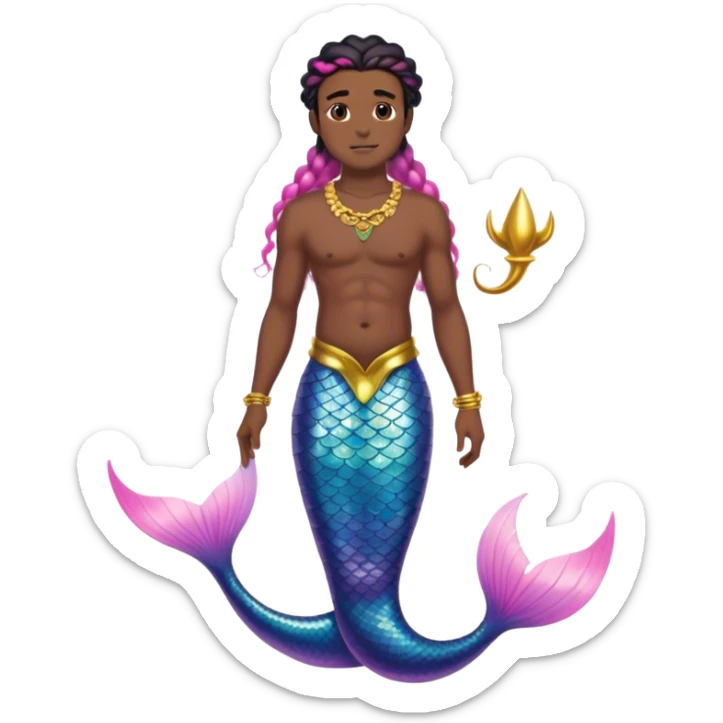 full body black man mermaid with pink ombré tail, wearing gold jewellery and has black hair that is middle part braids that cover his forehead  sticker