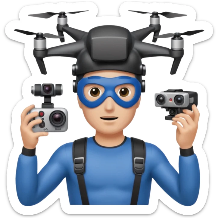 Super hero photographe, gopro sur la tête, masque fpv sur les yeux. Un drone à côté de lui. Il tiens un appareil photo reflex. sticker