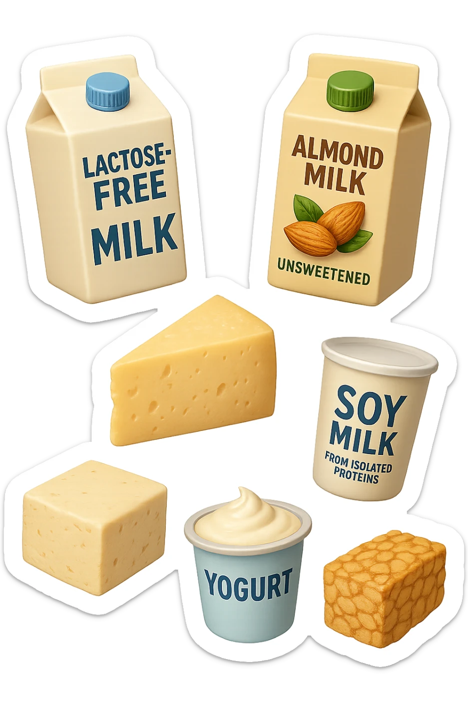 emoji stile iphone 3d di Latte e yogurt delattosati
Latte di mandorla (non zuccherato)
Latte di soia da proteine isolate
Formaggi stagionati (es. parmigiano)
Tofu compatto e tempeh
 che fluttuano in aria, iperealistico 4k sticker