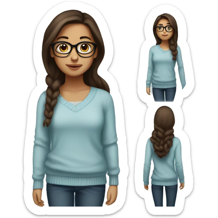 hispanic girl, long brown hair, brown eyes, full body, glasses, young, light blue winter sweater sticker