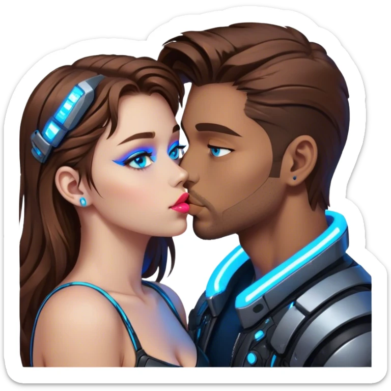 Neon cyberpunk style 
girl with brown hair and blue eyes kiss man sticker