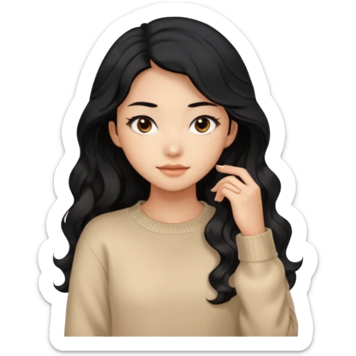 Beautiful girl,Black hair, wavy long hair,Black eyes,Chinese, beige sweater  sticker