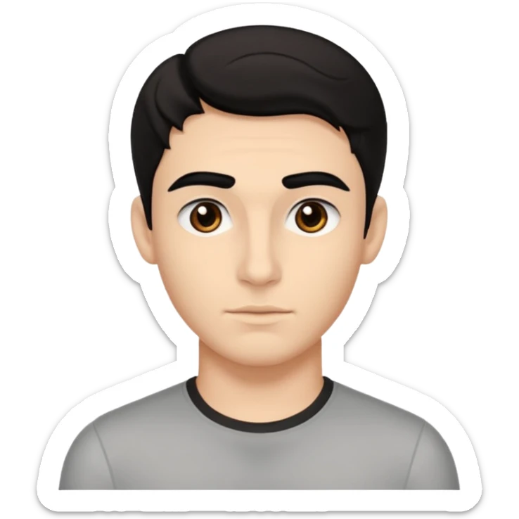 emoji a medio cuarpo, de un joven, con cejas gruesas, nariz medio grande, hombros anchos, sin sonrisa, hombros anchos, cabello medio ondulado con un corte juvenil, cabello negro. ojos negros. sticker