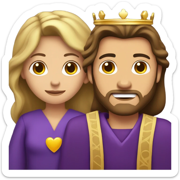 Caucasian long  brunette woman wearing formal royal purple robes and a crown whose face shows hearts to the man she adores  sticker
