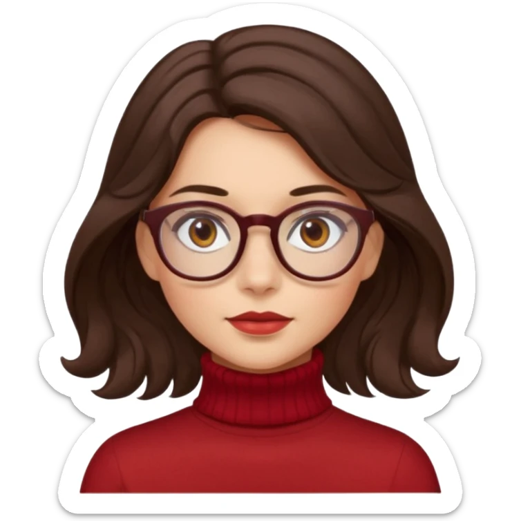 A girl has fair skin wavy dark brown hair, has glasses and almond brown eyes wears red turtle neck has long hair and so pretty sticker