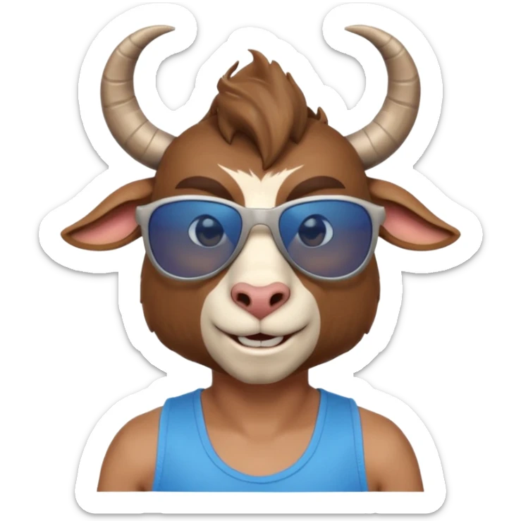 3D cartoon goat man portrait, head and shoulders, brown fur, small horns, blue reflective sunglasses, slight smile, tank top, soft lighting, centered, clean background, no text, no watermark
 sticker