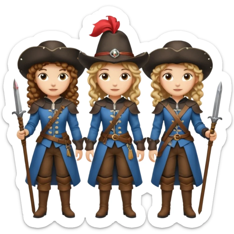 Three female musketeers ome with brown curly hair, one with blond one with blond in pony tail sticker