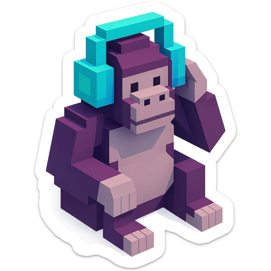 voxel style gorilla sitting and listening to music with headphones, isometric view sticker