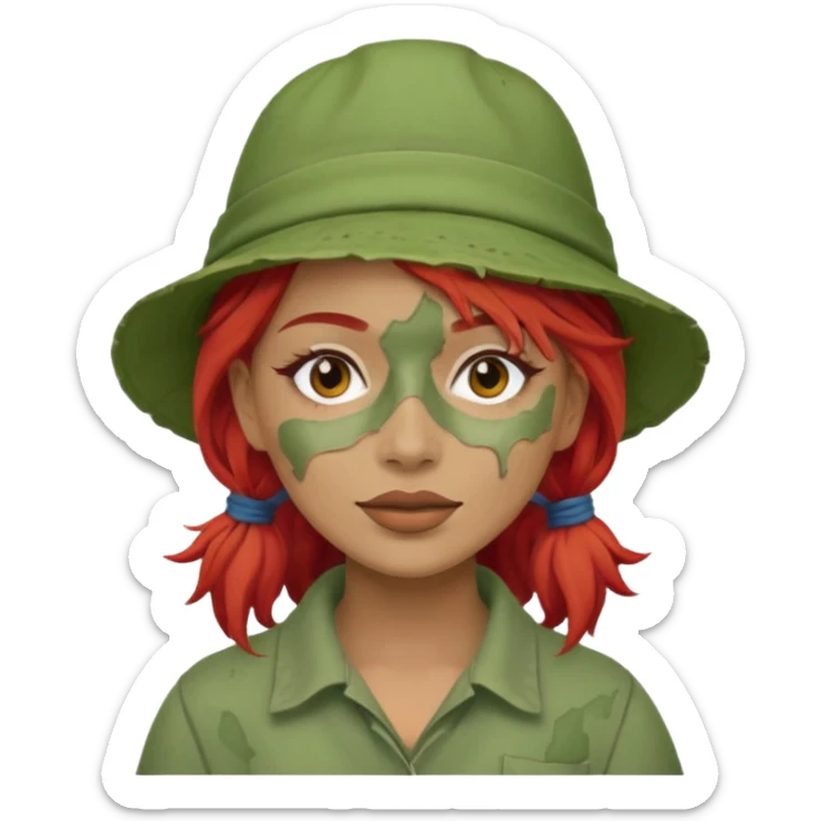 messy green full face clay mask and tourist hat red hair  sticker