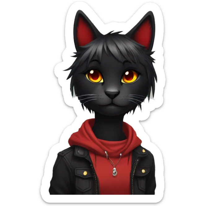 Anthro Edgy Cool Beautiful Black Cat-Fursona with Emo Hair-bangs with Red Streaks sticker