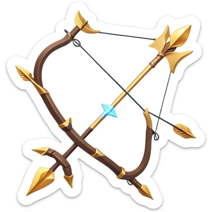 Clash of Clans aesthetic: Cinematic Playful 3D Isometric Bow & Arrows Emoji, rendered in a 3D vector-style similar to standard emojis with minimal shading and bold, simplified shapes. A compact, distinct form with signature details, softly glowing with a fantasy RPG magic charm. Simplified yet unmistakably iconic, highly detailed and consistent, glowing with a soft radiance and high shine. Stylized with a touch of heroic grandeur and a soft glowing outline, capturing the essence of a beloved gaming relic with a friendly, playful manner! sticker