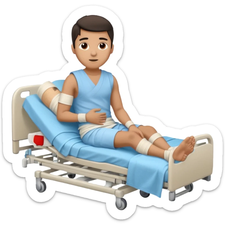 A young hispanic guy with one broken leg in the hospital. The broken leg is bandaged to indicate that it is broken. sticker