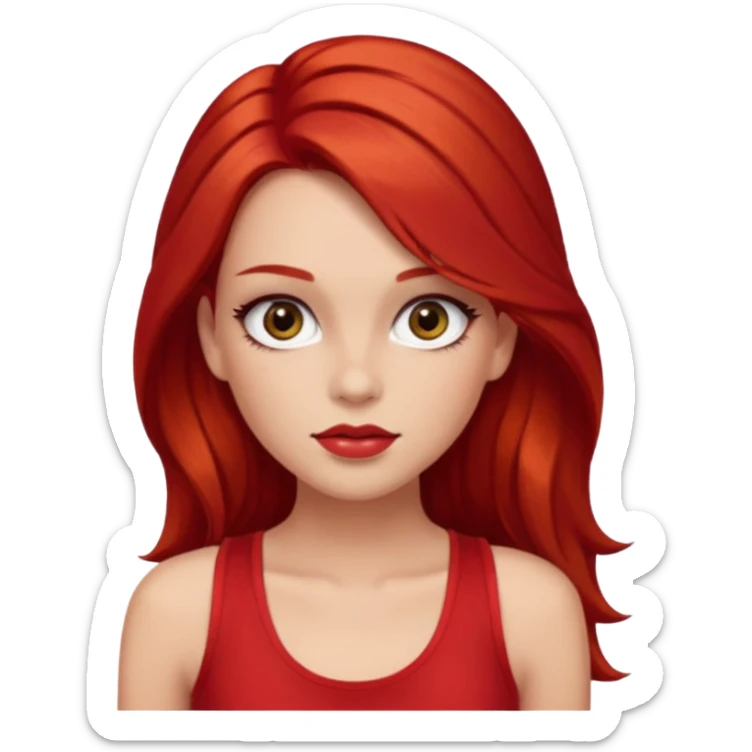 girl wearing red tank top, brown long hair, glam make up, have a red hair clip EMOJI sticker