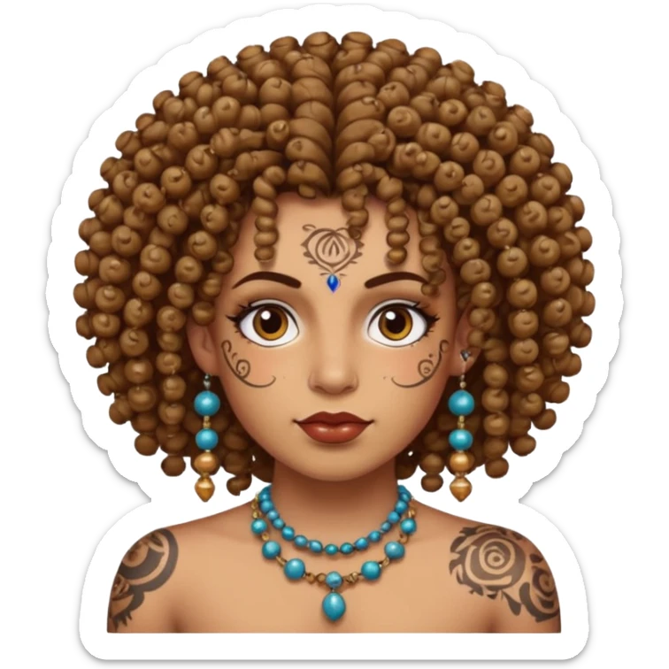 curly haired and heavy face tattoed person with a unique face and style, beads in hair sticker