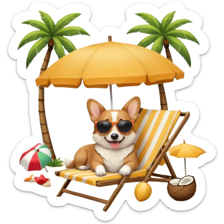 a corgi dog laied on a beach chair, a sunny beach, a sun umbrella, and beach coconut trees. the icon should capture the essence of a relaxing beach vacation with a carefree atmosphere sticker